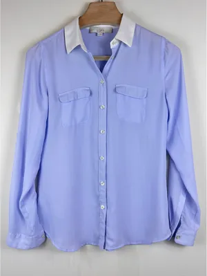 LOFT Lavender White Contrast Collar Utility Blouse Button Down Shirt XS thumbnail 2