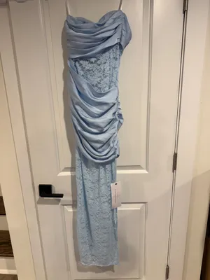 Club L London Powder Blue Lace And Satin Bandeau Maxi Dress US 2 NWT Coquette thumbnail 7
