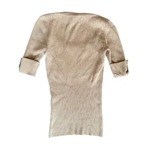 Vintage Cache Y2K Braid Collar 3/4 Sleeve Rib Knit Tan Sweater Minimalist thumbnail 3