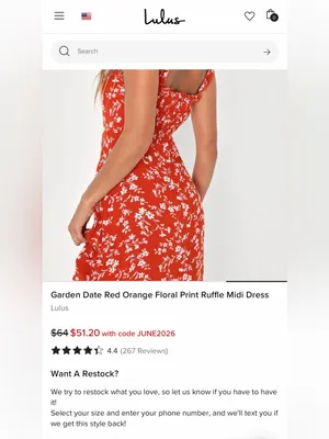 LULUS Women’s Garden Date Red Orange Floral Print Ruffle Midi Dress size XXS thumbnail 3