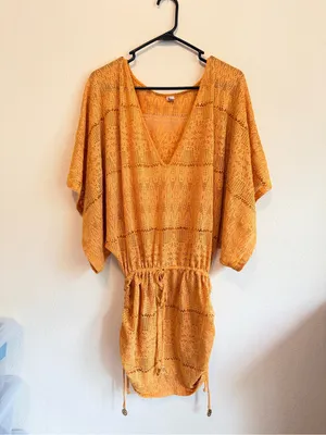 Luli Fama Obsession Cabana kimono sleeves dress, crochet knit, mustard yellow, M thumbnail 3