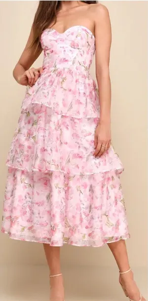 Pristine Cutie Light Pink Floral Organza Bustier Midi Dress thumbnail 1