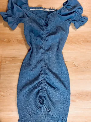 Blue Smocked Puff Sleeve Mini Dress | Cottagecore Coquette AestheticThe Keyword Heavy: XL Blue Denim-Look Ruched Bodycon Dress |p thumbnail 1
