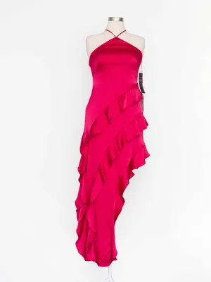 Adrianna Papell - Halter-Neck Ruffled Satin High-Low Gown thumbnail 2