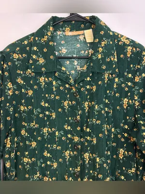 Vintage La Cera Green Floral Corduroy Button Down Cottagecore Midi Dress Large thumbnail 4
