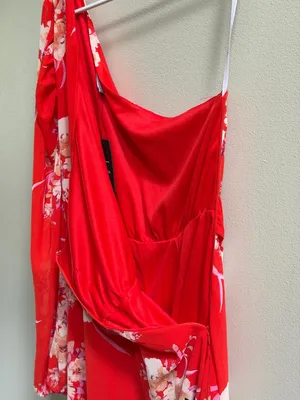 NEW Lulus Brunch Besties Red Floral One Shoulder Midi‎ Graduation Wedding Dress thumbnail 11