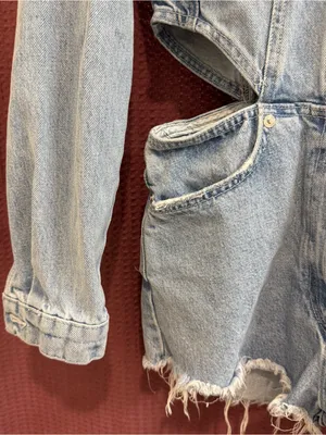 Zara Light Blue Denim Cutout Short Overalls thumbnail 4