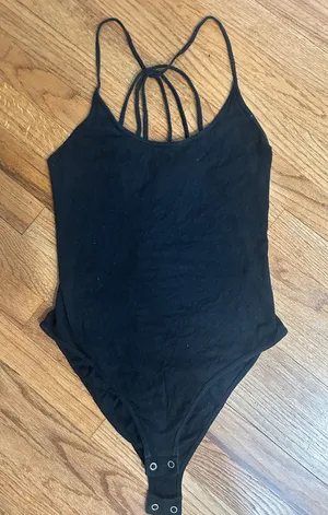 Womens Black One-Piece Bodysuit with Strappy Back size Large thumbnail 1