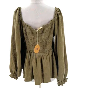 NWT Bibi Giselle balloon sleeve smocked top‎ cotton gauze sz XL green thumbnail 4