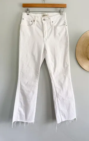 Madewell | EUC Cali Demi-Boot Jeans Pure White Raw Hem Cropped Flare | Sz 28 thumbnail 1
