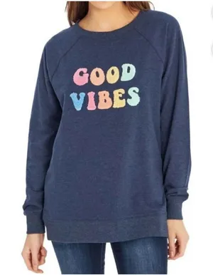 Wildfox "Good Vibes" Crewneck Sweatshirt Blue Multi‎ Chenille Applique Size S thumbnail 1