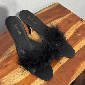 Vintage Y2K Frederick's of Hollywood Black Marabou Feather Satin Peep Toe Heel thumbnail 14