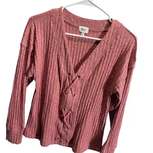 BKE Lace-Up Ribbed‎ Knit Long Sleeve Top Womens XS Rose Pink thumbnail 2