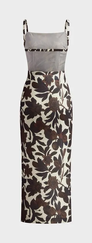 Commense Backless Elegant Print Split Zipper Romantic Maxi Dress XL Brown thumbnail 1
