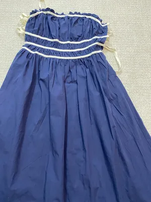 Navy Midi Dress with White Trim and Spaghetti Straps Size L 100% Cotton thumbnail 16