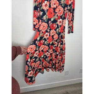 Sign Here Bright Red Floral Swing Midi Dress Jersey Modest Teacher Comfy Small thumbnail 3