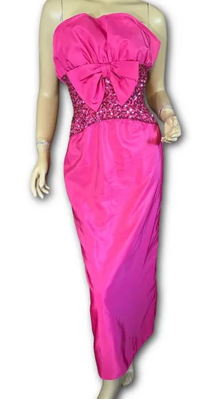 Vintage 1980'S Hot Pink Mike Benet Strapless Satin & Rhinestone Formal Dress (Xs thumbnail 1