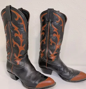 Vintage Tony Lama Cognac & Black Leather Inlay Cowboy Boots Size 7 RARE thumbnail 1