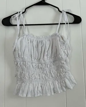 Kittenish Smocked Ruffle Crop Top White XS Tie Shoulder‎ thumbnail 1