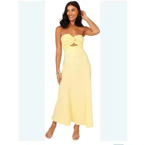 Petal and Pup Yellow Strapless Twist Front Cutout Linen Blend Midi Dress US 6 thumbnail 5