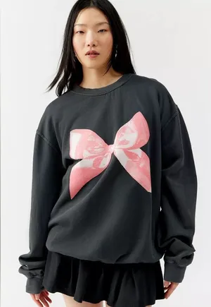 Urban Outfitters Pink Bow Oversized Sweatshirt Gray Coquette Romantic Size M thumbnail 1