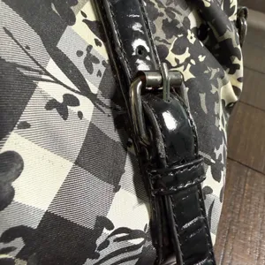 Floral Plaid Check Satchel Bag‎ Black White Patent Trim Purse Tote Crossbody thumbnail 4
