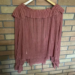 By Anthropologie Women’s Size XL Rose Pink Sheer Stripe Long Sleeve Cropped Top thumbnail 3