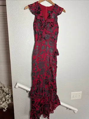 SALONI Anita Silk Burnout Velvet Dress Slit Ruffle Midi Vampire Goth Witchy Red thumbnail 2