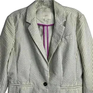 Ann‎ Taylor Loft Women's Blazer Jacket Ivory/White and Black Stripes Size 8 thumbnail 2