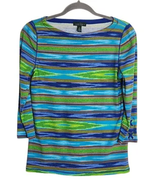 Lauren Ralph Lauren Blue and Green Southwestern Stripe Boat Neck Tee Size Medium thumbnail 1