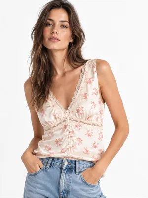 Dress Forum Womens Ivory Floral Satin Lace Cami Top Large Coquette Romantic Y2K thumbnail 1