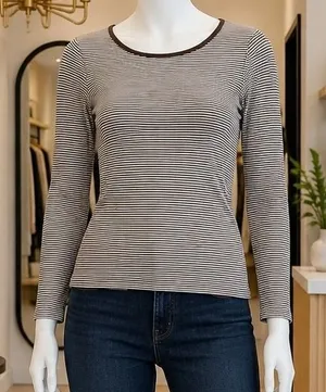 H&M Womens Long Sleeve Top Brown White Striped Scoop Neck Size M thumbnail 1