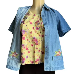 Vintage Lemon Grass Denim Shirt Jacket Embroidered Floral Women's PM NWT thumbnail 2