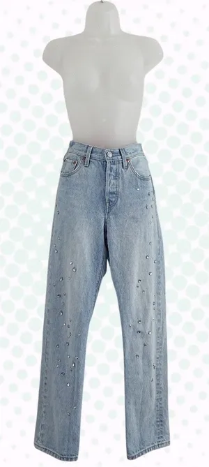 Levi's 501 Light Wash Embellished Rhinestone Silver Stud Jeans Size 25 thumbnail 1