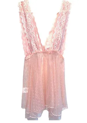 Pink Lace Swiss Dot on Mesh Lingerie Short Nightie size Large thumbnail 3