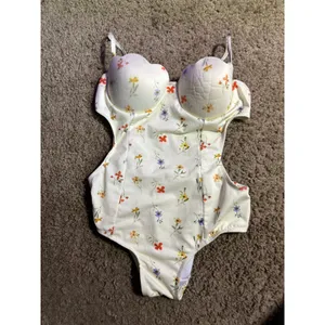 Floral Monokini One Piece Swimsuit Underwire Scalloped Cream Cut Out Swimwear‎ thumbnail 2