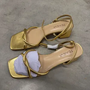 TEAIEUI Gold Metallic Strappy Block Heel Sandals Square Toe Size 9.5 TB112 thumbnail 2