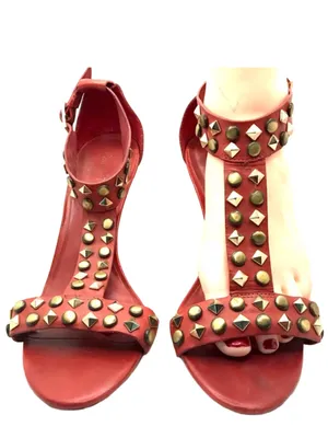 Pour La Victoire Red Leather With Gold Metal Studs T Strap Heels (8.5) thumbnail 5