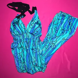VTG Y2K Young Joy Psychedelic Swirl Print Halter Dress Blue Teal USA S/M thumbnail 1