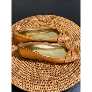 Michael Michael Kors Tan Leather Studded Bow Peep Toe Flats Brown Gold 6.5M thumbnail 3