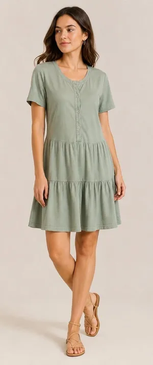 Monrow Tiered Henley Dress Women Small Sage Green Supima‎ Cotton Modal Mini USA thumbnail 1