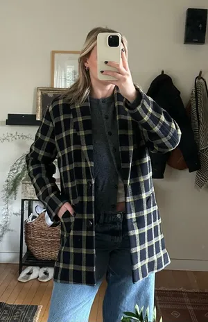 Derek Lam 10 Crosby Plaid Cocoon Coat Women's 4 Navy and Yellow Wool Blend Lined thumbnail 1