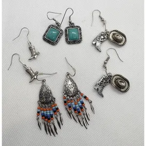 Southwest Western Earrings Lot‎ of 4 Silver Tone Turquoise Cowboy Fringe Dangle thumbnail 1