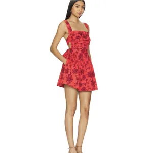 Free People Meet Me In Maui Red Printed Dress Size Medium Pinafore Bow thumbnail 2