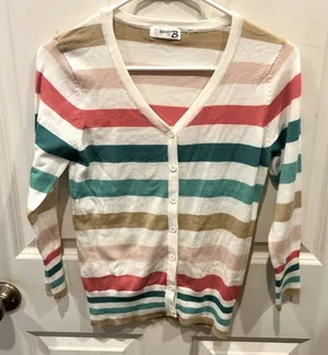 MAK by mak B Womens Striped V-Neck Button Front‎ Cardigan Sweater Multi S Y2K thumbnail 1