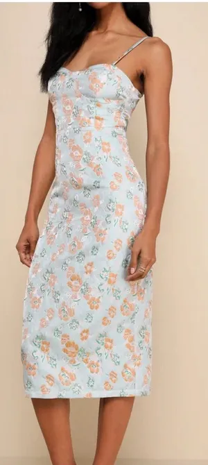 NWOT Lulus Enviable Aesthetic Light Blue Floral Jacquard Bustier Midi Dr… thumbnail 1