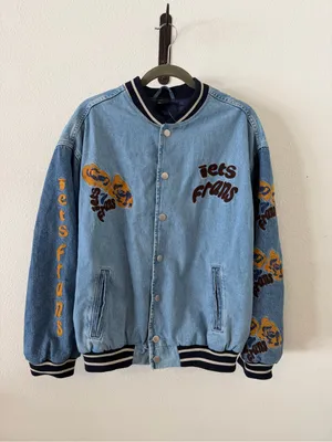 iets frans Blue Denim Embroidered Varsity Jacket Size XS thumbnail 3