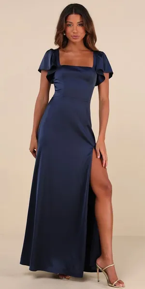 NWT Lulus Ultimate Sweetness Navy Satin Flutter Sleeve Maxi Dress Wedding Sz L thumbnail 1