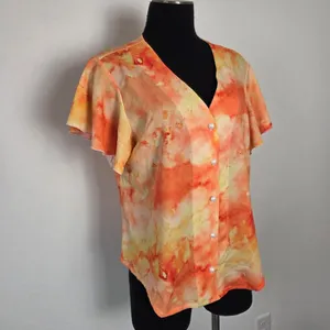 Orange Tie Dye Blouse Top Flutter Sleeves Feminine Fun Summer Hippie Gypsy Large thumbnail 2
