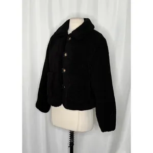 ZARA Black Sherpa Fuzzy Fleece Teddy‎ Coat Faux Shearling Snaps Pockets Small thumbnail 6